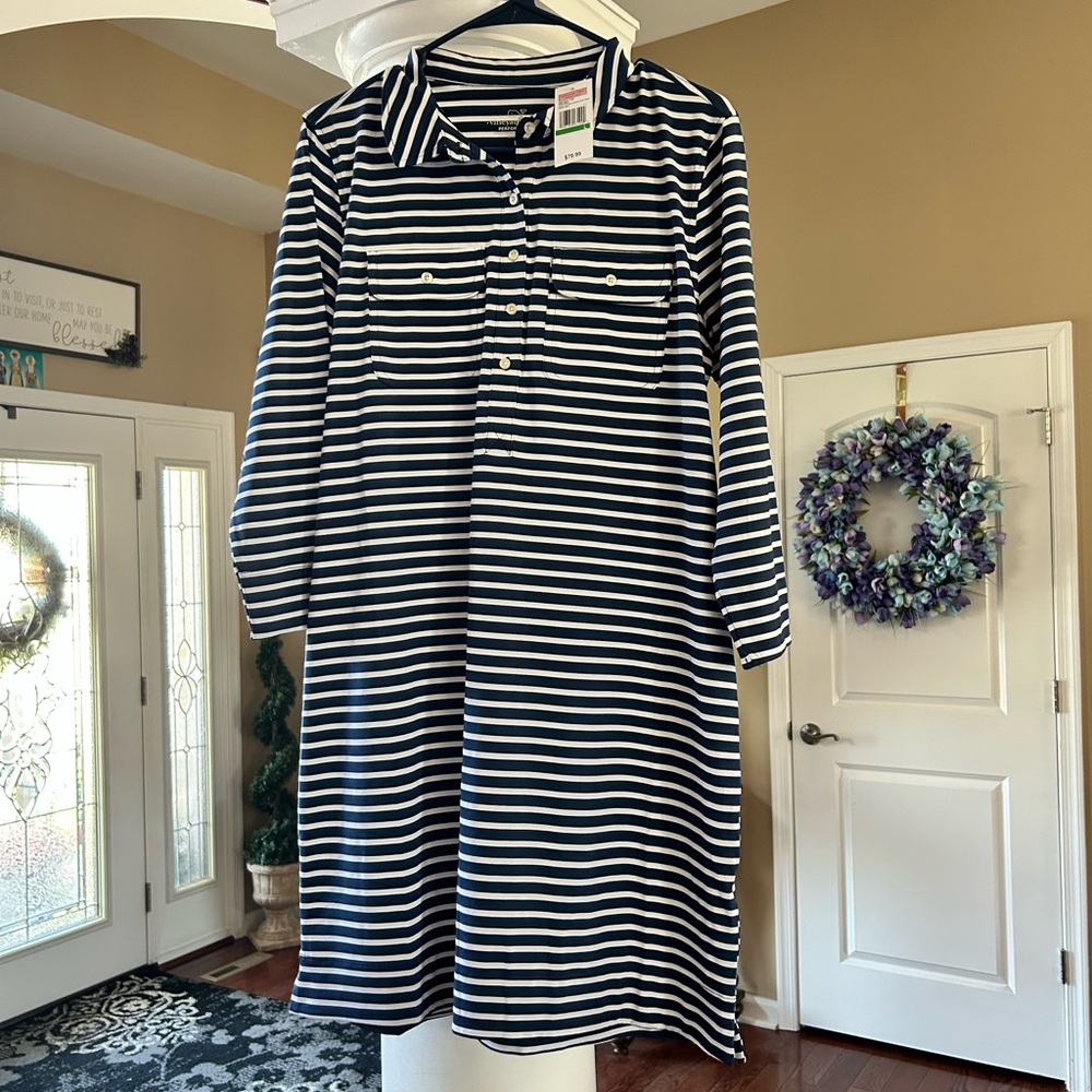 Vineyard Vines Navy and White Striped Long Sleeve Dress